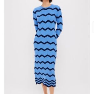 Elegant Long Sleeve Blue Zigzag Dress
